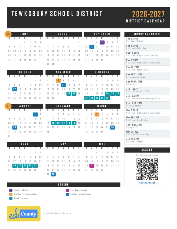 Tewksbury School District printable 2026-27 calendar