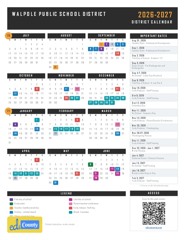 Walpole Public School District printable 2026-27 calendar