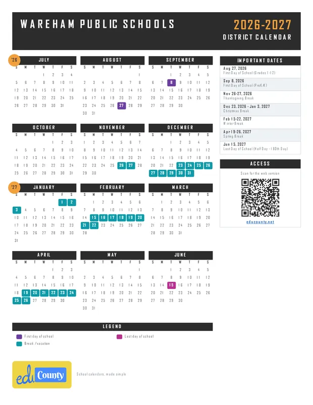Wareham Public Schools printable 2026-27 calendar