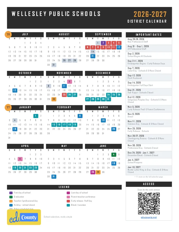 Wellesley Public Schools printable 2026-27 calendar