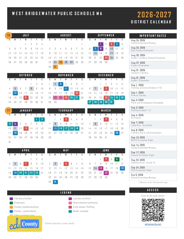 West Bridgewater Public schools printable 2026-27 calendar