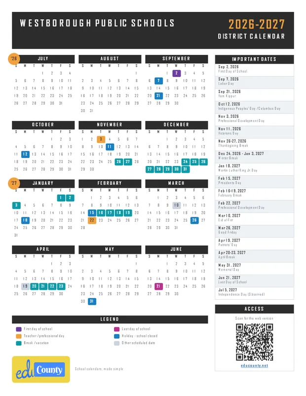 Westborough Public Schools printable 2026-27 calendar