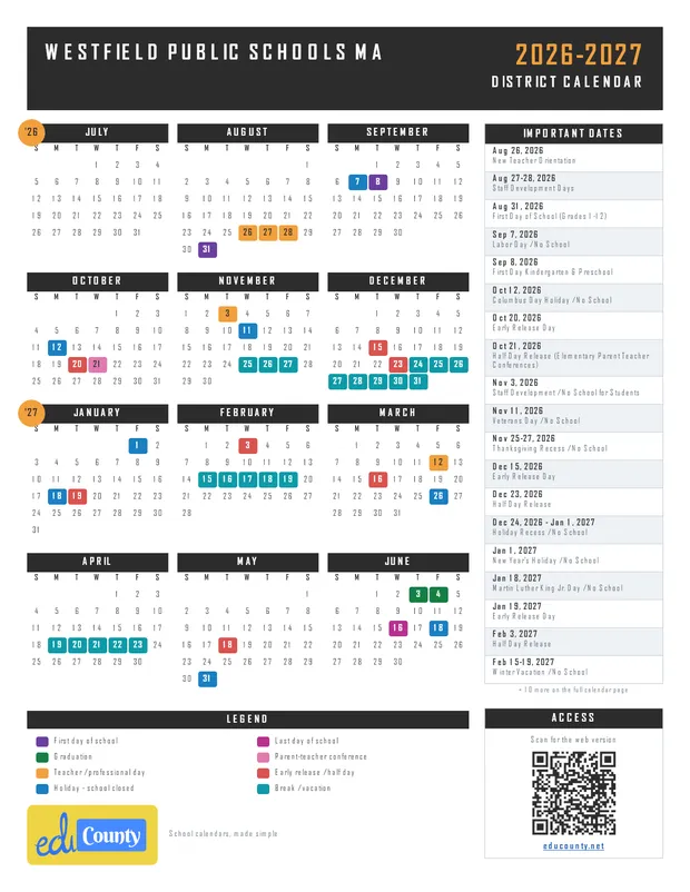 Westfield Public Schools printable 2026-27 calendar