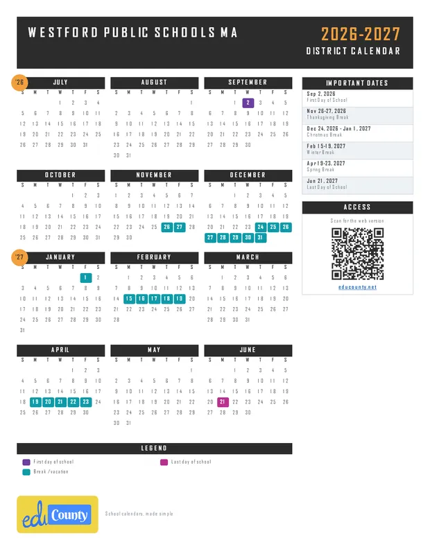 Westford Public Schools printable 2026-27 calendar