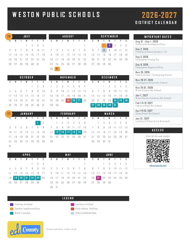 Weston Public Schools printable 2026-27 calendar