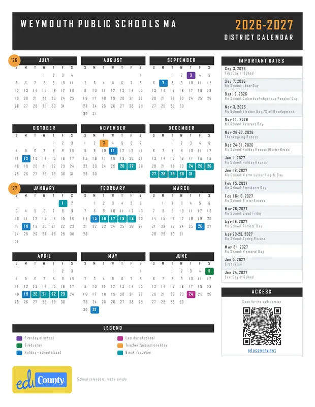Weymouth Public Schools printable 2026-27 calendar
