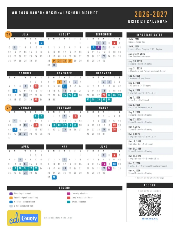 Whitman-Hanson Regional School District printable 2026-27 calendar