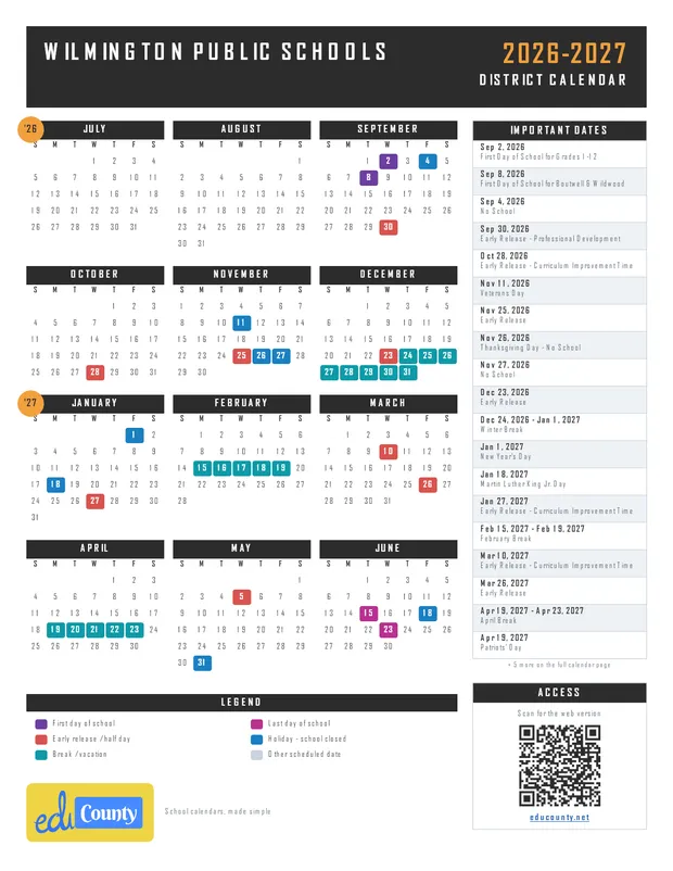 Wilmington Public Schools printable 2026-27 calendar