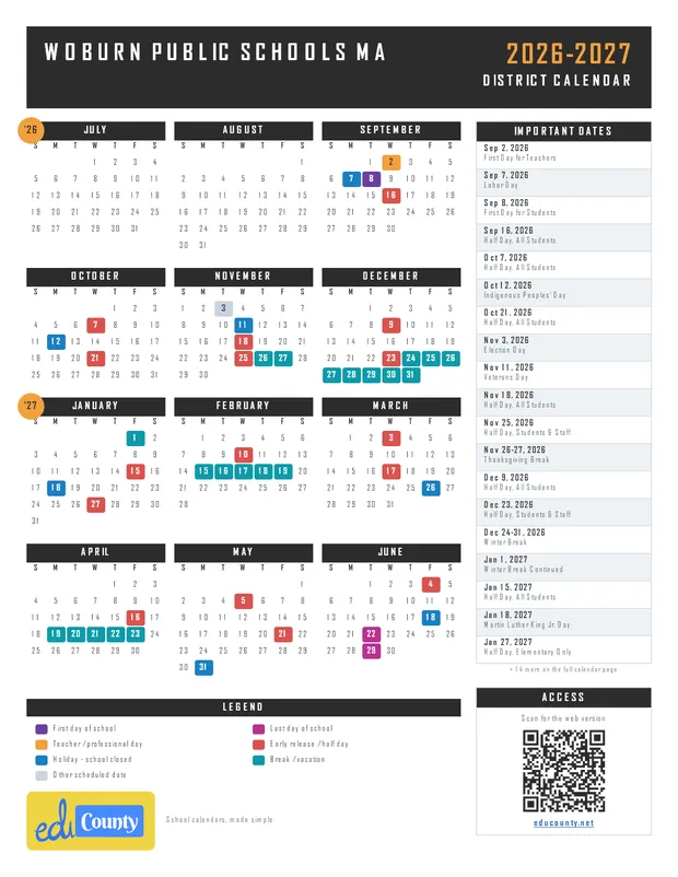 Woburn Public Schools printable 2026-27 calendar