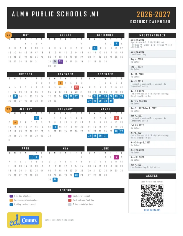 Alma Public Schools printable 2026-27 calendar