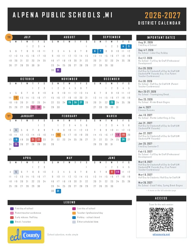 Alpena Public Schools printable 2026-27 calendar