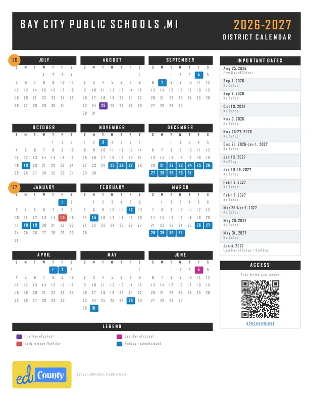 Bay City Public Schools printable 2026-27 calendar