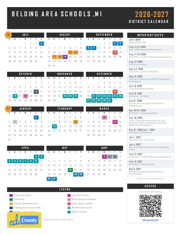 BELDING AREA SCHOOLS printable 2026-27 calendar