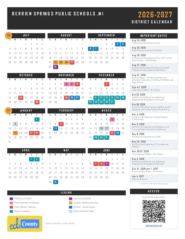 Berrien Springs Public Schools printable 2026-27 calendar