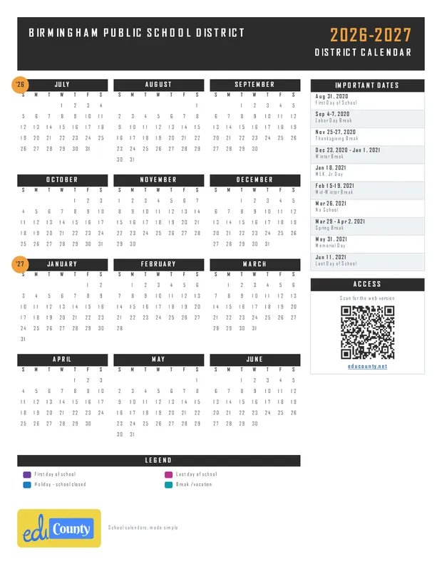 Birmingham Public School District 20-21 printable 2026-27 calendar