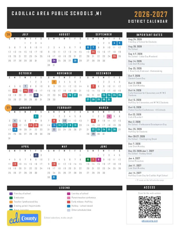 Cadillac Area Public Schools printable 2026-27 calendar