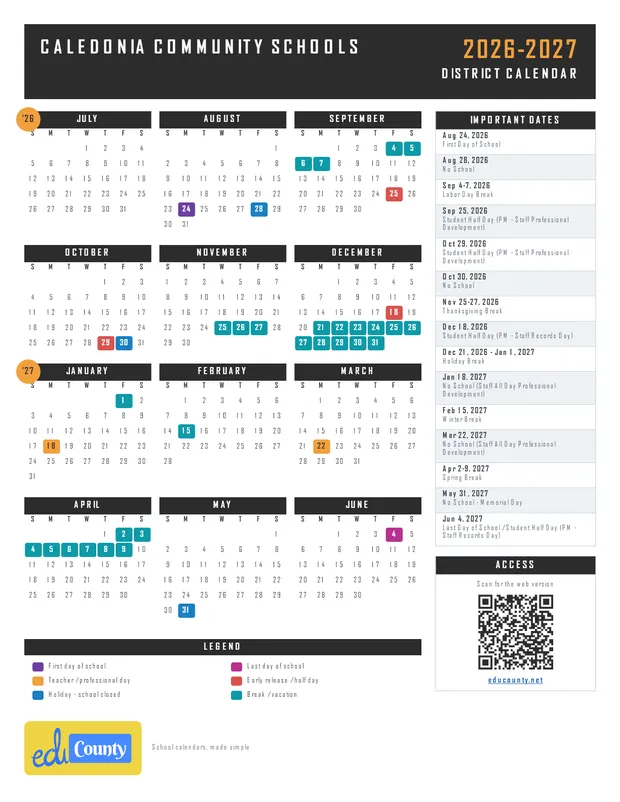 Caledonia Community Schools printable 2026-27 calendar