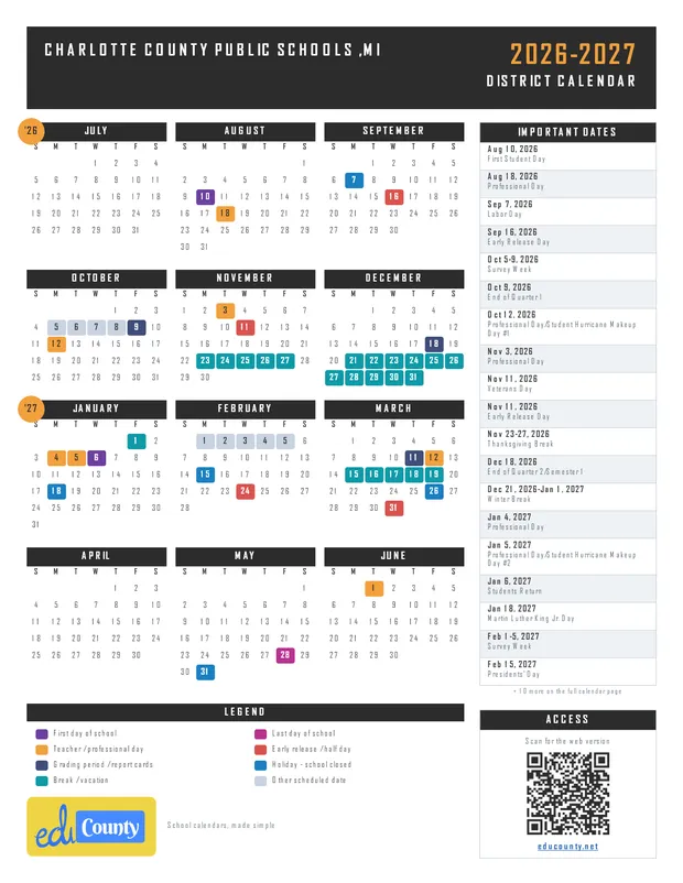 Charlotte County Public Schools printable 2026-27 calendar