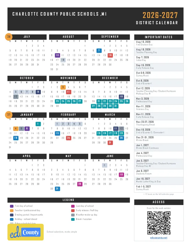 Charlotte County Public Schools printable 2026-27 calendar