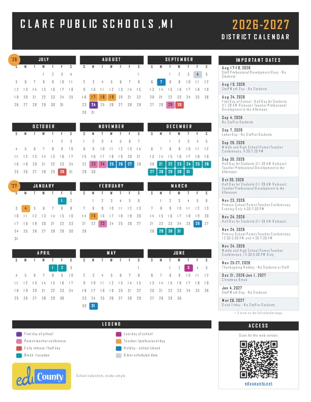 CLARE PUBLIC SCHOOLS printable 2026-27 calendar