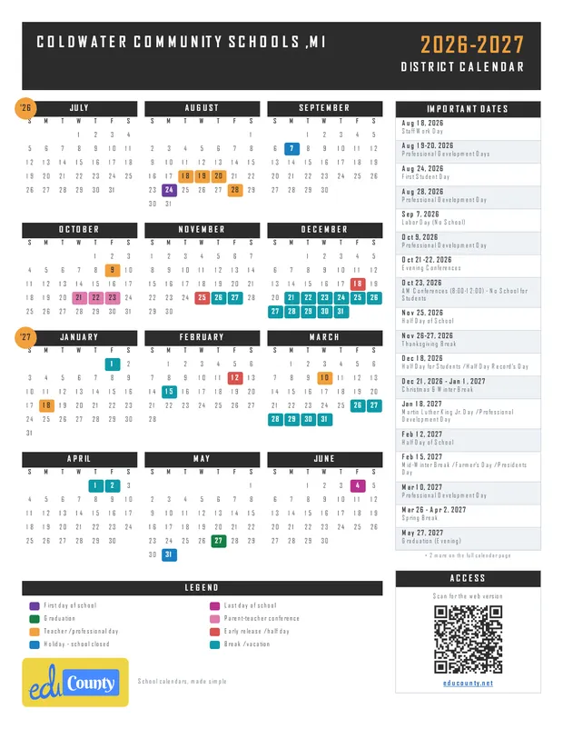 Coldwater Community Schools printable 2026-27 calendar