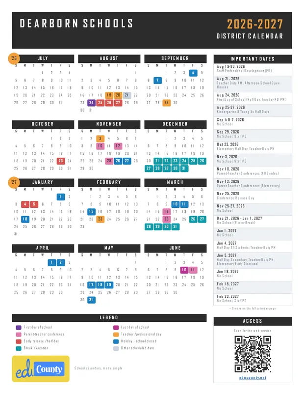 Dearborn Schools printable 2026-27 calendar