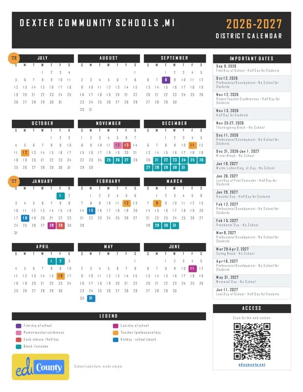 Dexter Community Schools printable 2026-27 calendar