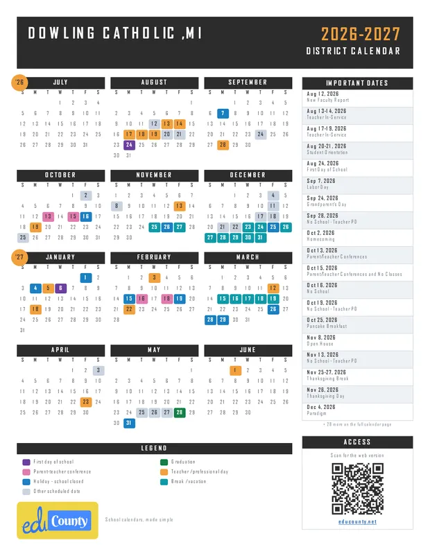 DOWLING CATHOLIC printable 2026-27 calendar