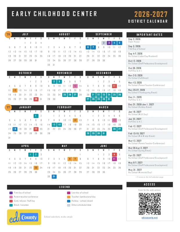 Early Childhood Center printable 2026-27 calendar