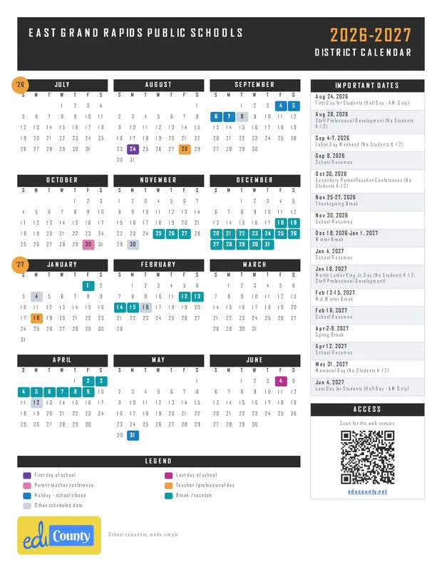 East Grand Rapids Public Schools printable 2026-27 calendar