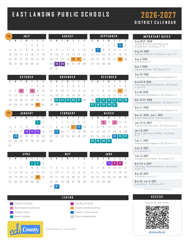 East Lansing Public Schools printable 2026-27 calendar