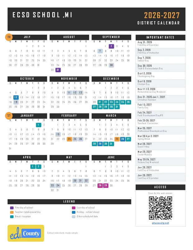 ECSD SCHOOL printable 2026-27 calendar