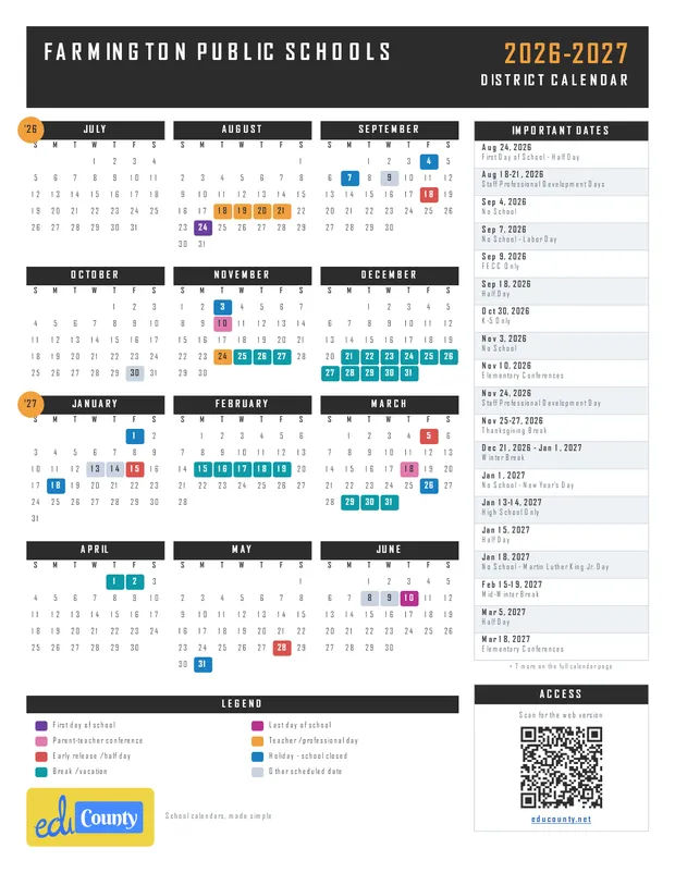 Farmington Public Schools printable 2026-27 calendar