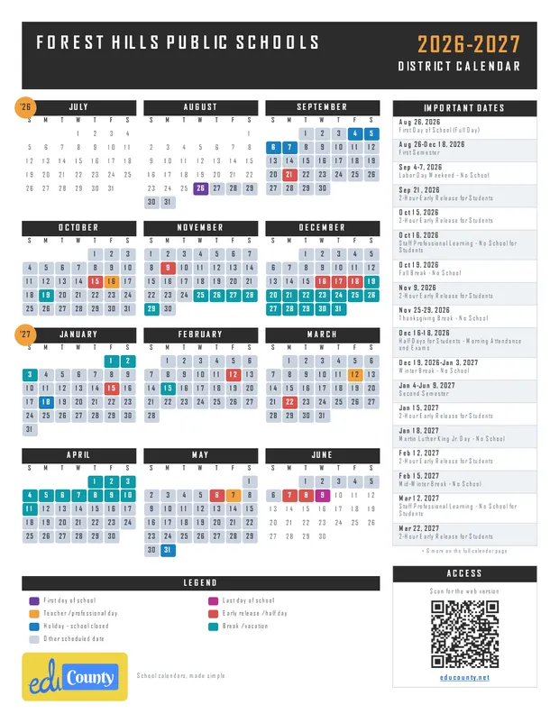 Forest Hills Public Schools printable 2026-27 calendar