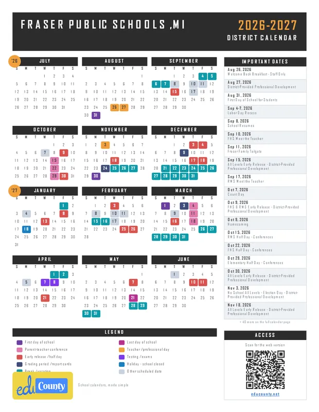 Fraser Public Schools printable 2026-27 calendar