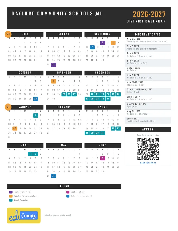 Gaylord Community Schools printable 2026-27 calendar
