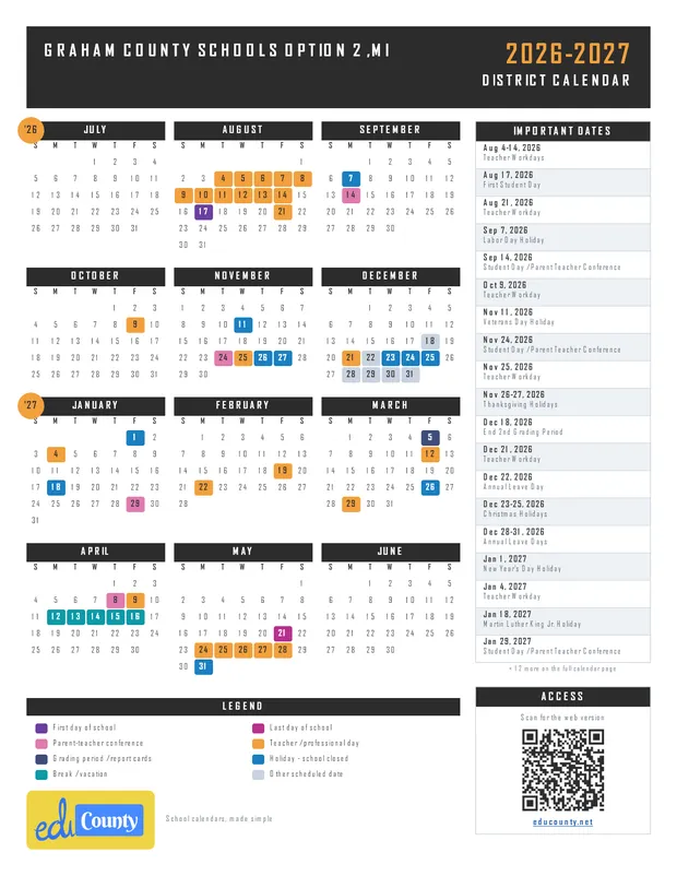 GRAHAM COUNTY SCHOOLS Option 2 printable 2026-27 calendar