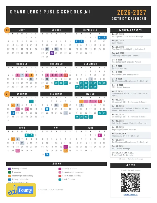 Grand Ledge Public Schools printable 2026-27 calendar