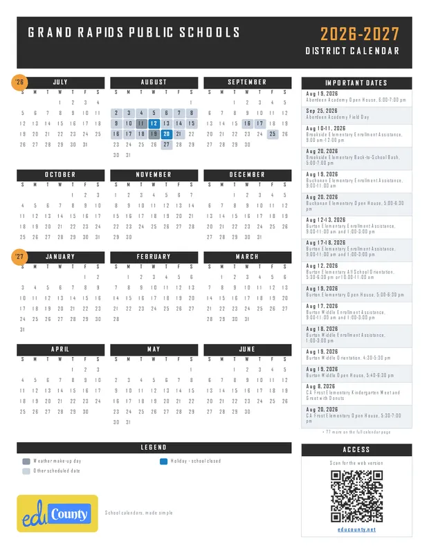 Grand Rapids Public Schools printable 2026-27 calendar