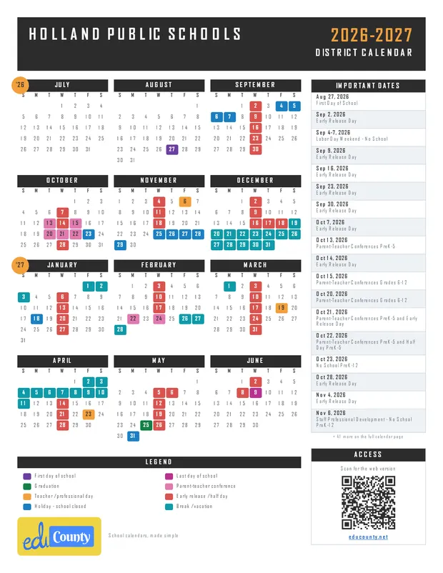 Holland Public Schools printable 2026-27 calendar