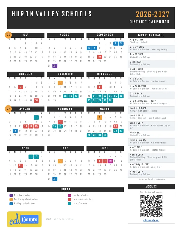 Huron Valley Schools printable 2026-27 calendar