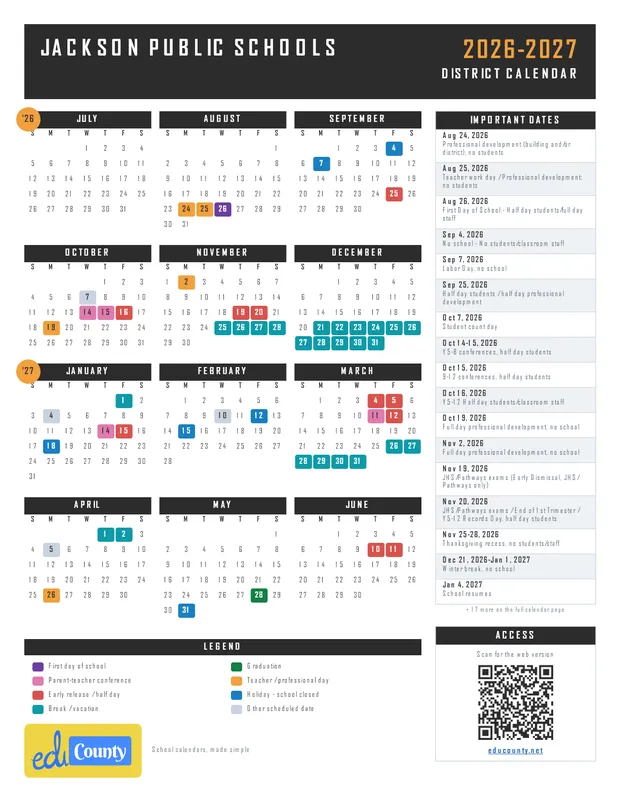 Jackson Public Schools printable 2026-27 calendar