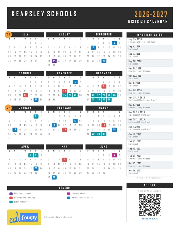 Kearsley Schools printable 2026-27 calendar