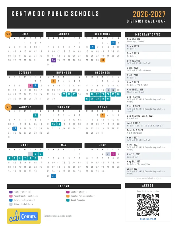 Kentwood Public Schools printable 2026-27 calendar