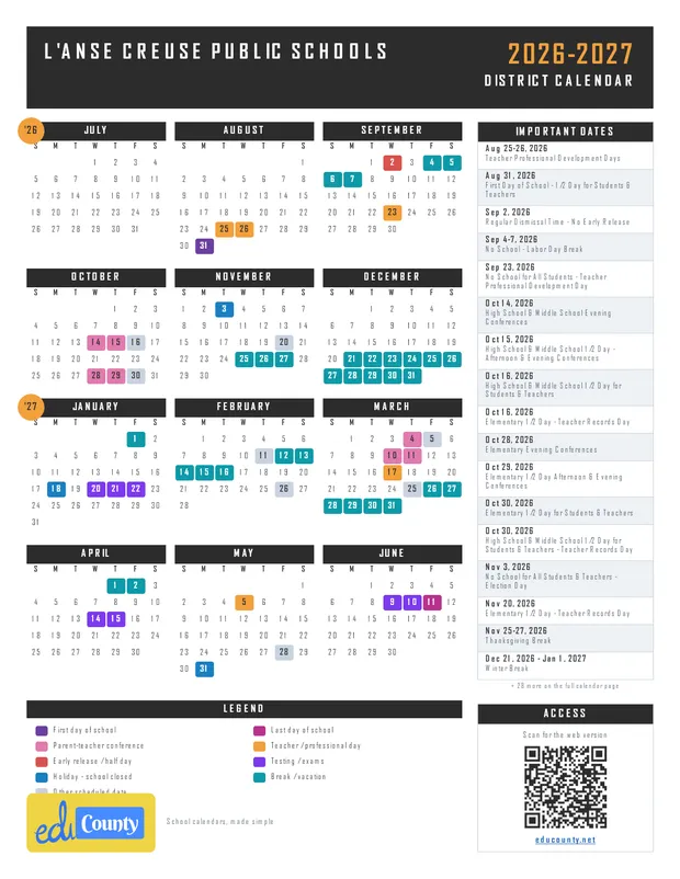 L'Anse Creuse Public Schools printable 2026-27 calendar