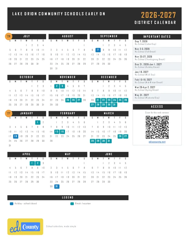 Lake Orion Community Schools Early On printable 2026-27 calendar