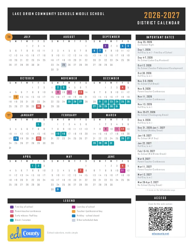 Lake Orion Community Schools Middle School printable 2026-27 calendar