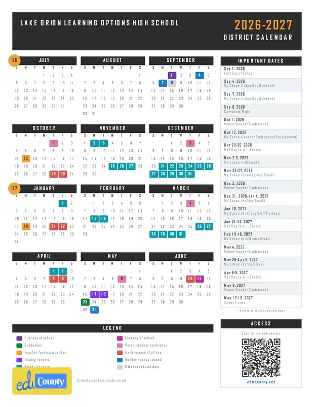 Lake Orion Learning Options High School printable 2026-27 calendar