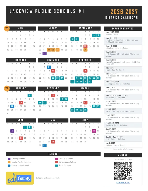 Lakeview Public Schools printable 2026-27 calendar