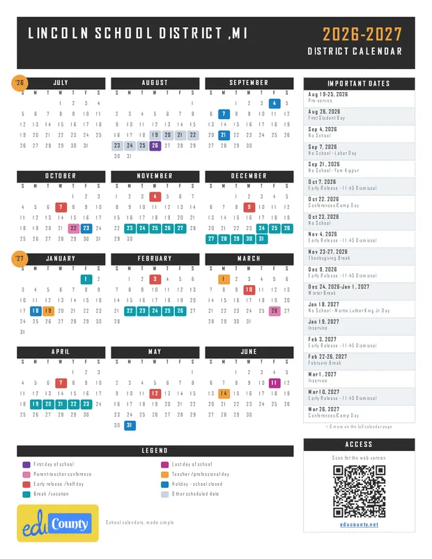 Lincoln School District printable 2026-27 calendar